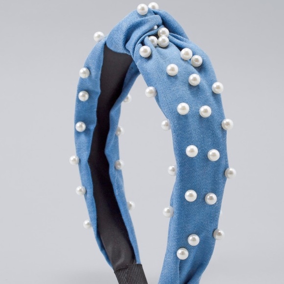DENIM KNOT HEADBAND WITH FAUX PEARLS - Picture 2 of 3